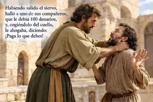 En aquel tiempo, dijo Jesús a sus Discípulos esta parábola: el Reino de los Cielos es comparable a un rey que quiso tomar cuentas a sus siervos. Y para comenzar le fue presentado uno que le debía diez mil talentos. Más no teniendo con que pagarlos mandó su señor que fuese vendido él, su mujer, sus hijos y cuánto tenía y que con su producto le pagase la deuda. Entonces el siervo, arrojándose a sus pies, le rogó diciendo: ¡ten paciencia conmigo y todo te lo pagaré! Compadecido el señor de aquel siervo, le dejó libre y le perdonó la deuda. Habiendo salido el siervo, halló a uno de sus compañeros, que le debía 100 denarios, y, cogiéndolo del cuello, le ahogaba, diciendo: ¡paga lo que debes! Derribado a sus pies, el compañero le rogaba diciendo: ¡Ten paciencia conmigo y todo te lo pagaré! Más él no quiso esperar, sino que se fue y lo hizo encarcelar hasta que pagase lo que debía. Viendo los otros compañeros lo que pasaba, se entristecieron mucho y fuera a contar a su señor todo lo ocurrido. Le llamó entonces su señor y le dijo: siervo malo, toda la deuda te condoné porque me lo rogaste; pues ¿no debías tú también tener compasión de tu compañero, así como yo la tuve de ti? Y enojado su señor, lo entregó a los verdugos hasta que pagase toda la deuda. Así hará también con vosotros mi Padre Celestial si no perdonareis de corazón cada uno a su hermano.