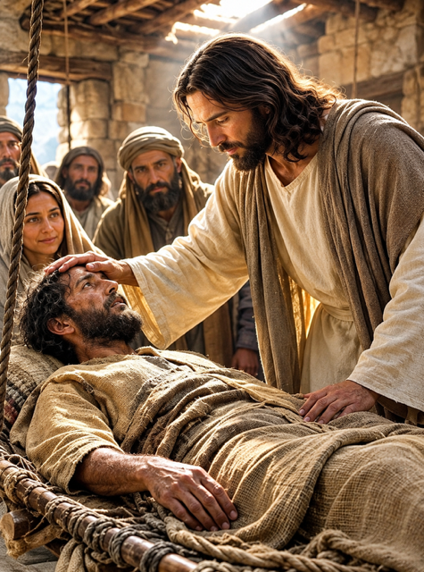 Y viendo Jesús la fe de ellos, dijo al paralítico: “Hijo, ten confianza, que perdonados te son tus pecados”. Entonces, algunos de los Escribas interiormente se dijeron: este hombre blasfema. Y conociendo Jesús sus pensamientos les dijo: “¿Por qué pensáis mal en vuestros corazones? ¿Qué es más fácil decir: “Perdonados te son tus pecados”, o bien: “levántate y anda”? Pues, para que sepáis que el Hijo del Hombre tiene poder en la Tierra de perdonar los pecados, dijo entonces al paralítico: “¡Levántate, toma tu lecho y vete a tu casa!” Y se levantó y se fue a su casa.