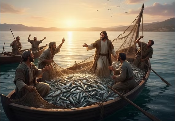 Esta barca, llena de peces y bamboleada a merced de las olas, es figura de la Iglesia Santa de Dios, perseguida sin tregua desde su misma cuna, pero flotando siempre, porque en ella está el que tiene Poder sobre todos los huracanes y sobre todas las potestades humanas e infernales. "Hay peligro cuando hay poca fe. Pero en la Iglesia reina la seguridad, porque el amor es perfecto"