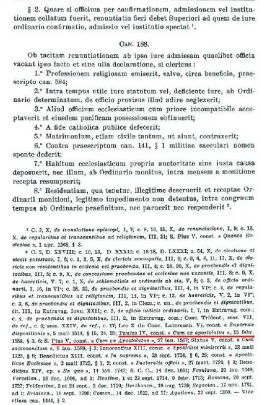Como se muestra, el Código de Derecho Canónico de Benedicto XV no solamente conservó las condenas de la bula “Cum ex apostolatus oficio” (Papas Pablo IV y San Pío V) sino que además dichas condenas fueron la fuente oficial del Código.
